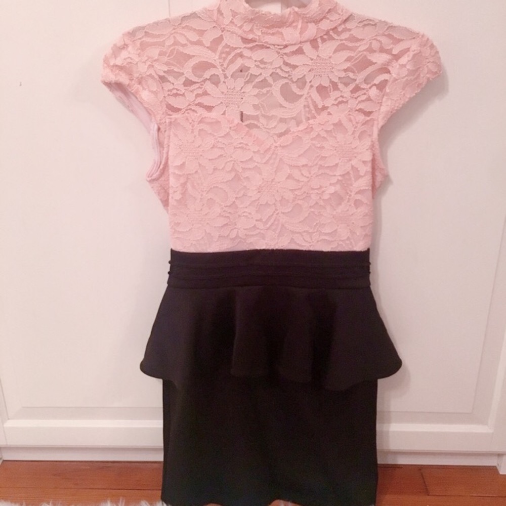 Peplum style dress,black satin & pink lace top